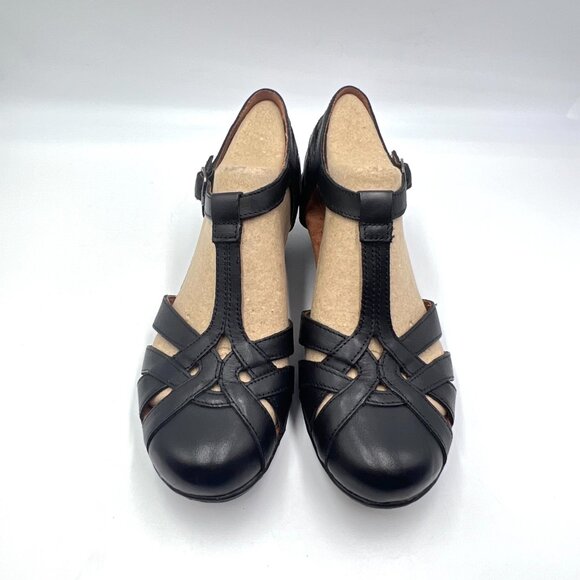 8N 8 NARROW WIDTH Cobb Hill Aubrey Black Leather T-Strap Block Heels Shoes - Picture 2 of 15